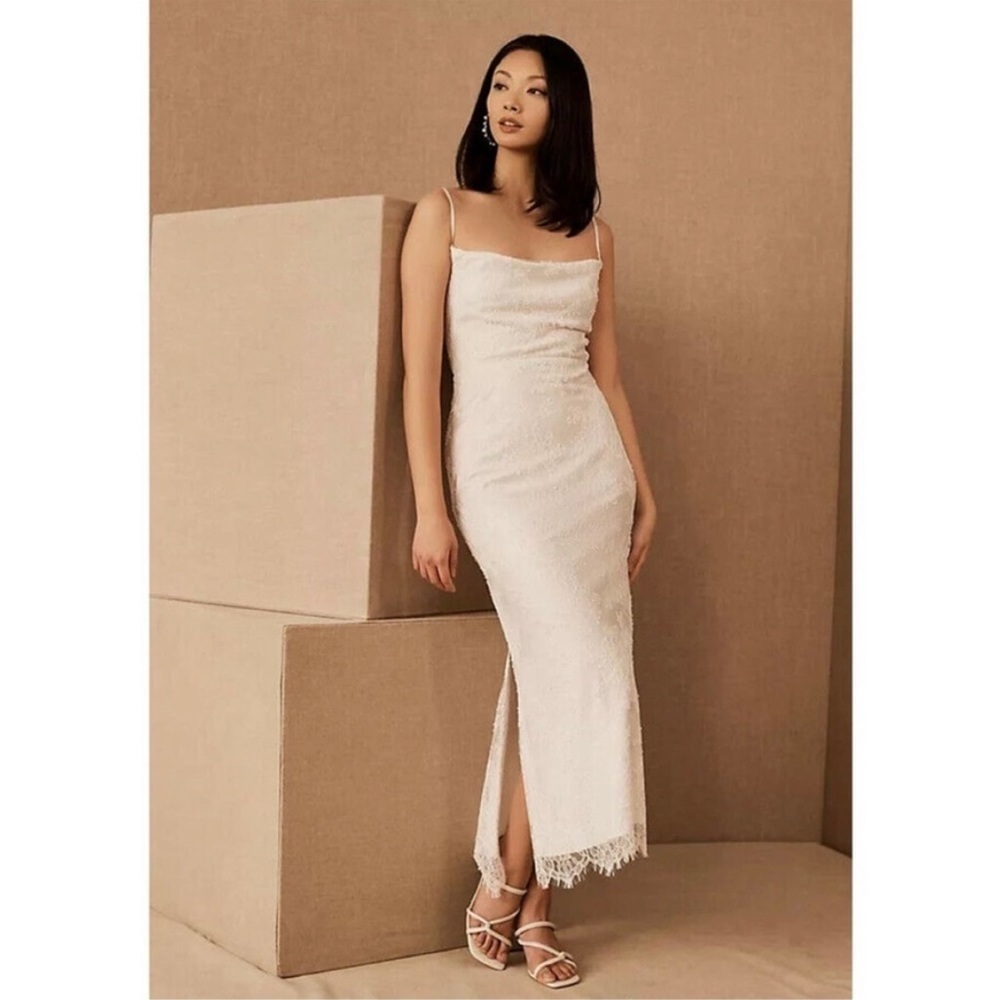 BHLDN Amsale Connie Lace Midi Slip Dress Size 6 Cowl Neck White NWT